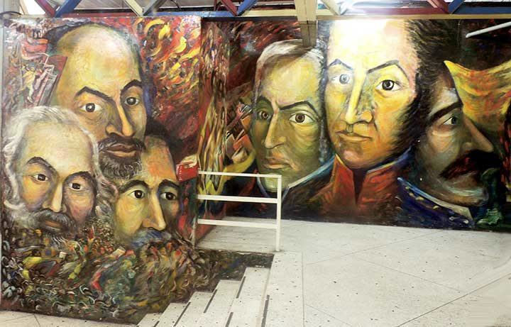 Mural alusivo a Marx, Engels, Lenin, Bolívar, Miranda y Zamora en la sede nacional del Partido Comunista de Venezuela. Fuente: Tribuna Popular