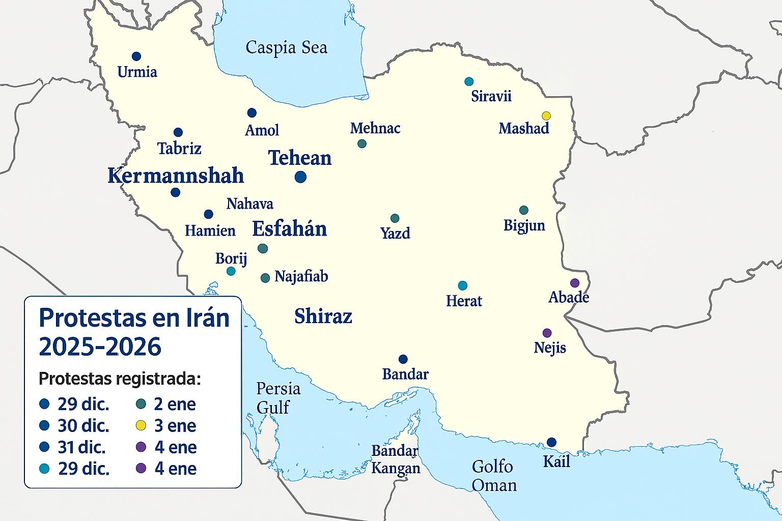 Mapa de las protestas en Irán. Fuente: Wikipedia