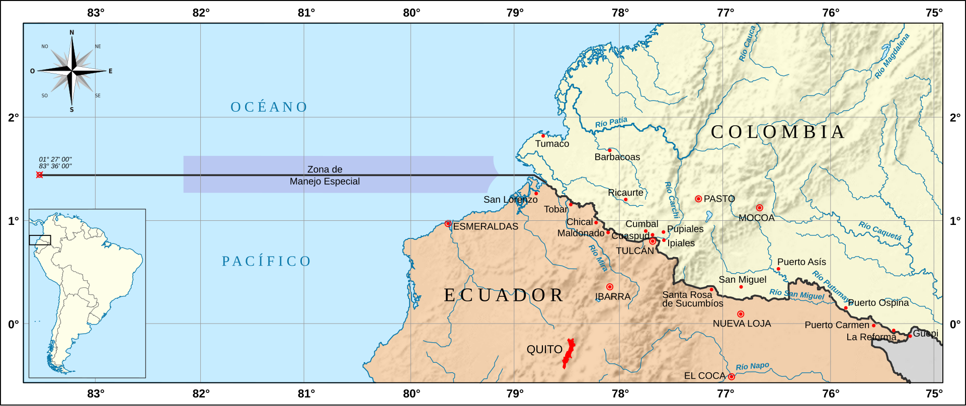 Mapa de la frontera entre Ecuador y Colombia. Foto: Wikimedia Commons