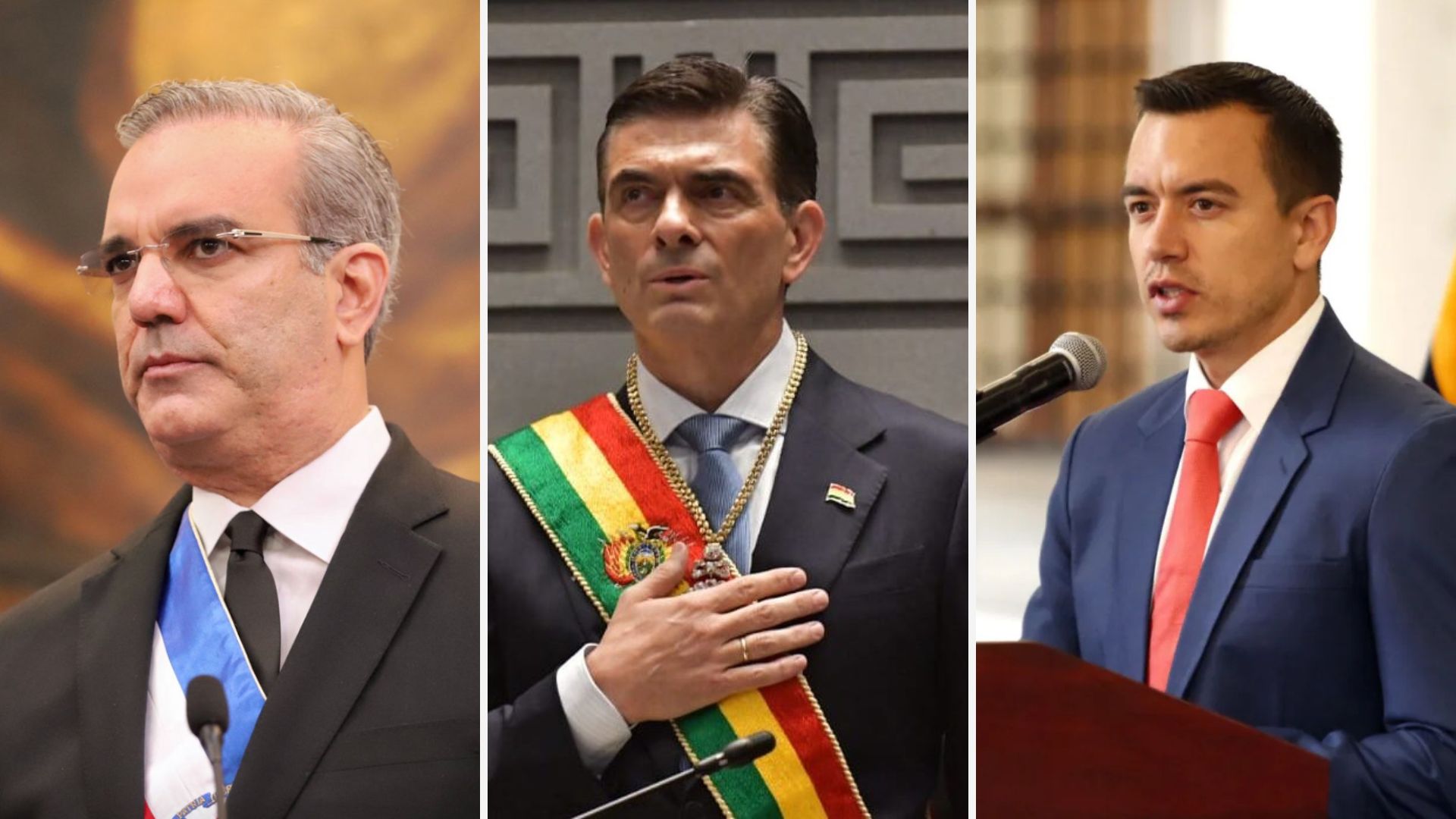 Presidentes Luis Abadiner (República Dominicana), Rodrigo Paz (Bolivia) y Daniel Noboa (Ecuador).